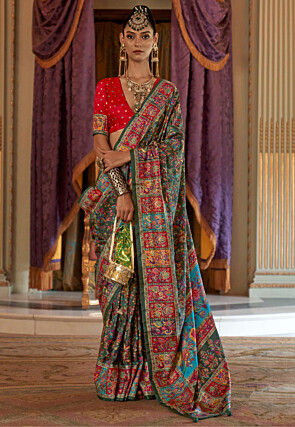 Digital Printed Art Silk Saree in Dark Green