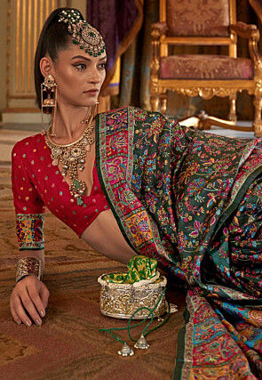 Digital Printed Art Silk Saree in Dark Green