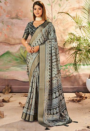 Digital Printed Art Silk Saree in Dark Grey