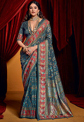 Digital Printed Art Silk Saree in Dark Grey