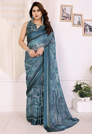 Digital Printed Art Silk Saree in Dark Teal Blue