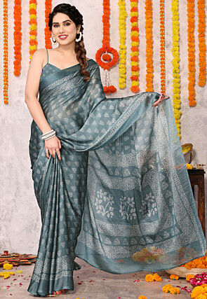 Digital Printed Art Silk Saree in Dusty Blue