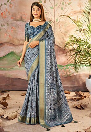 Digital Printed Art Silk Saree in Dusty Blue