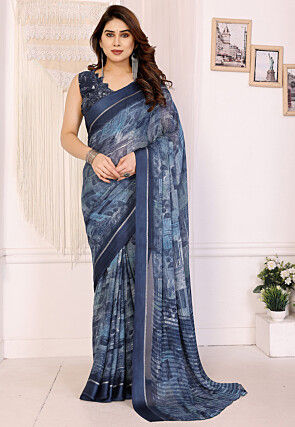 Digital Printed Art Silk Saree in Dusty Blue