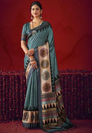 Digital Printed Art Silk Saree in Dusty Blue