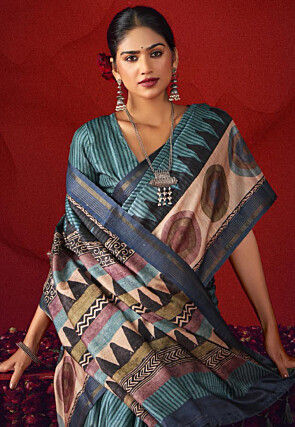 Digital Printed Art Silk Saree in Dusty Blue
