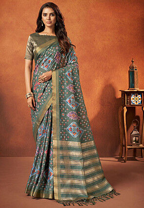 Digital Printed Art Silk Saree in Dusty Green