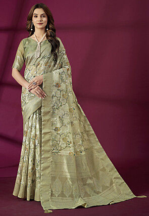 Digital Printed Art Silk Saree in Dusty Green