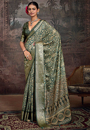 Digital Printed Art Silk Saree in Dusty Green