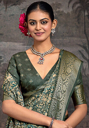 Digital Printed Art Silk Saree in Dusty Green