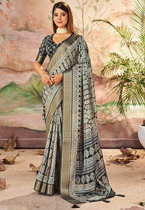 Digital Printed Art Silk Saree in Dusty Green