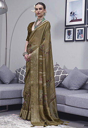 Digital Printed Art Silk Saree in Dusty Green
