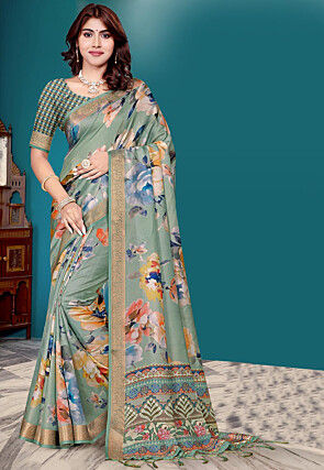 Digital Printed Art Silk Saree in Dusty Green