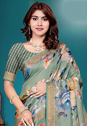 Digital Printed Art Silk Saree in Dusty Green