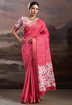 Digital Printed Art Silk Saree in Dark Pink