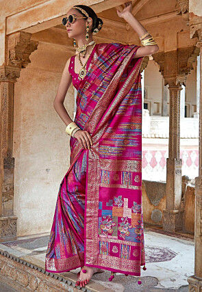 Digital Printed Art Silk Saree in Fuchsia