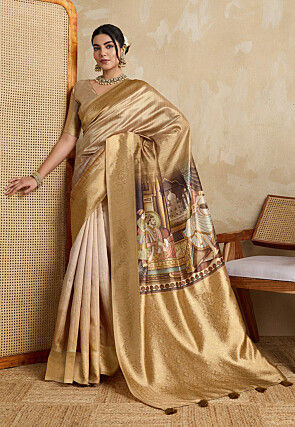 Digital Printed Art Silk Saree in Golden and Light Beige