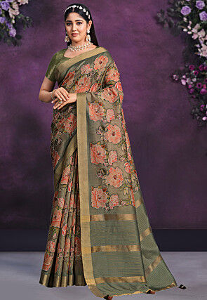 Digital Printed Art Silk Saree in Green and Multicolor