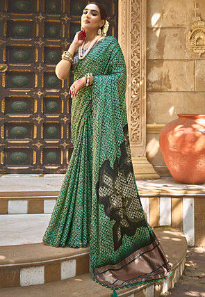 Digital Printed Art Silk Saree in Green