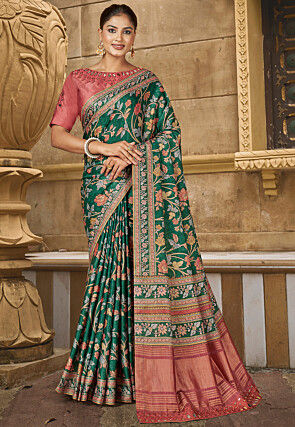 Digital Printed Art Silk Saree in Green