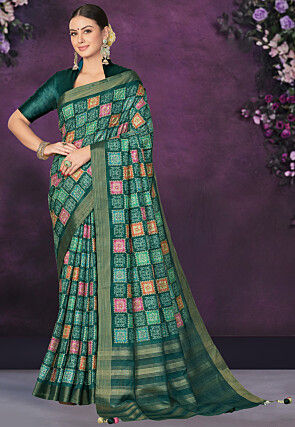 Digital Printed Art Silk Saree in Green