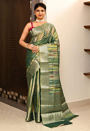 Digital Printed Art Silk Saree in Green