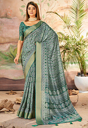 Digital Printed Art Silk Saree in Teal Green