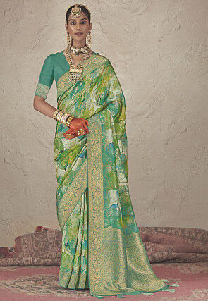 Digital Printed Art Silk Saree in Green