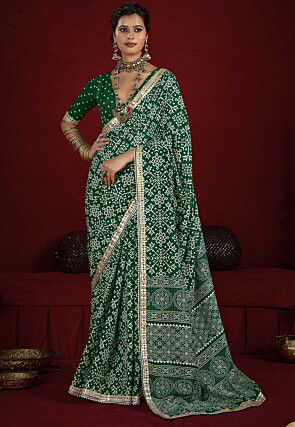 Digital Printed Art Silk Saree in Green
