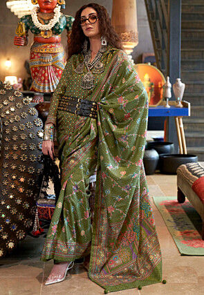 Digital Printed Art Silk Saree in Green