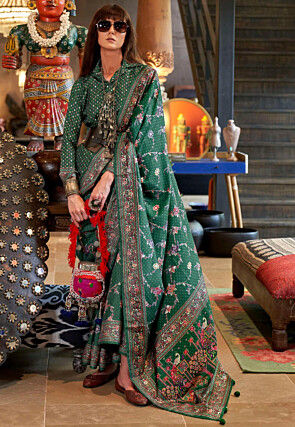 Digital Printed Art Silk Saree in Green