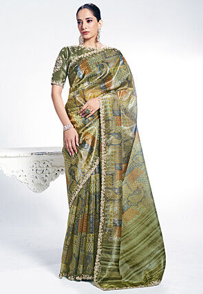 Digital Printed Art Silk Saree in Green
