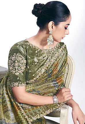 Digital Printed Art Silk Saree in Green