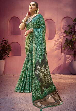 Digital Printed Art Silk Saree in Green