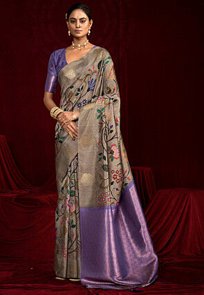 Digital Printed Art Silk Saree in Grey