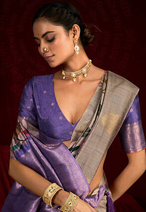 Digital Printed Art Silk Saree in Grey
