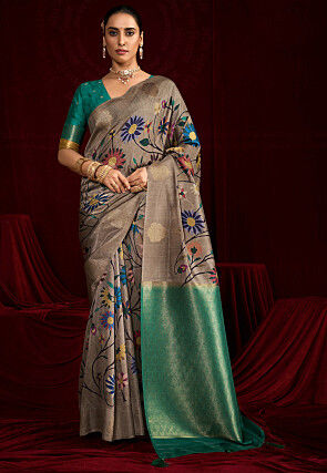 Digital Printed Art Silk Saree in Grey