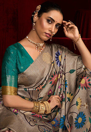 Digital Printed Art Silk Saree in Grey