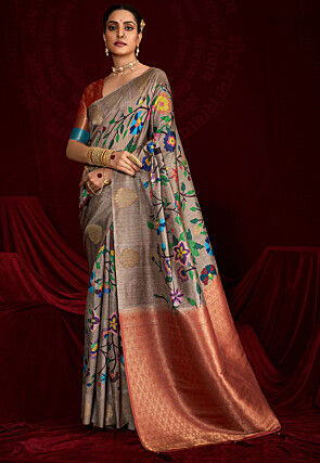 Digital Printed Art Silk Saree in Grey