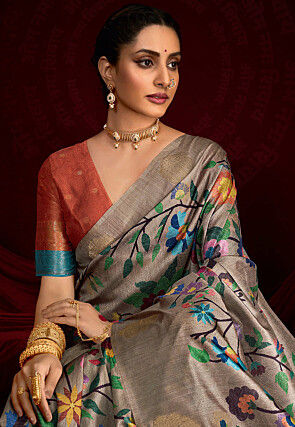 Digital Printed Art Silk Saree in Grey