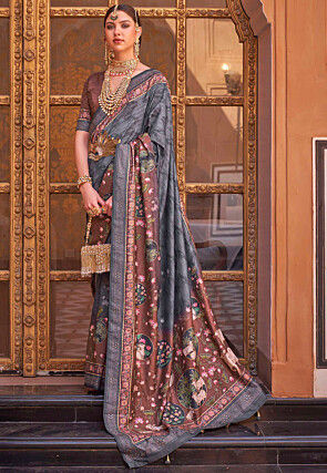 Digital Printed Art Silk Saree in Grey