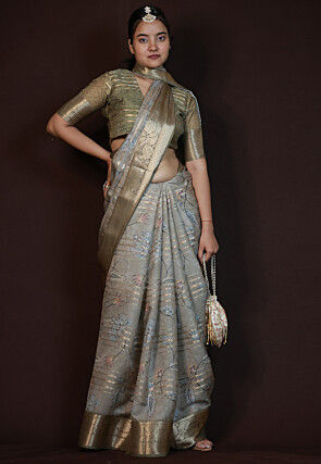 Digital Printed Art Silk Saree in Grey