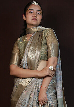 Digital Printed Art Silk Saree in Grey
