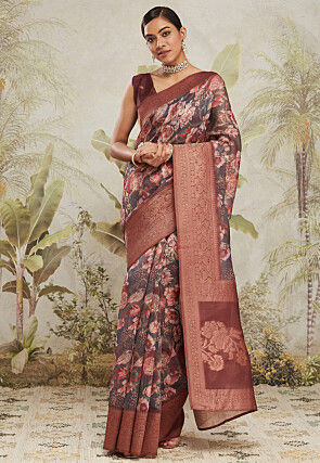 Digital Printed Art Silk Jacquard Saree in Grey