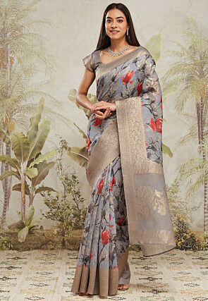 Digital Printed Art Silk Jacquard Saree in Grey