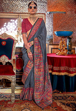 Digital Printed Art Silk Saree in Grey