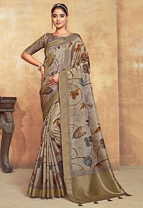 Digital Printed Art Silk Saree in Grey