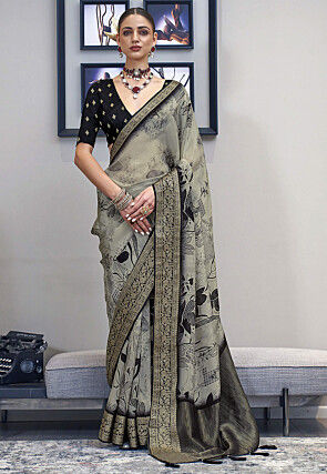 Digital Printed Art Silk Saree in Grey