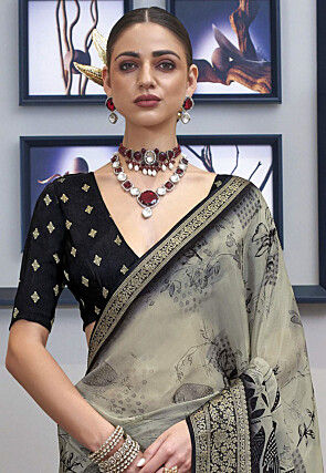 Digital Printed Art Silk Saree in Grey