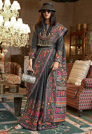 Digital Printed Art Silk Saree in Grey